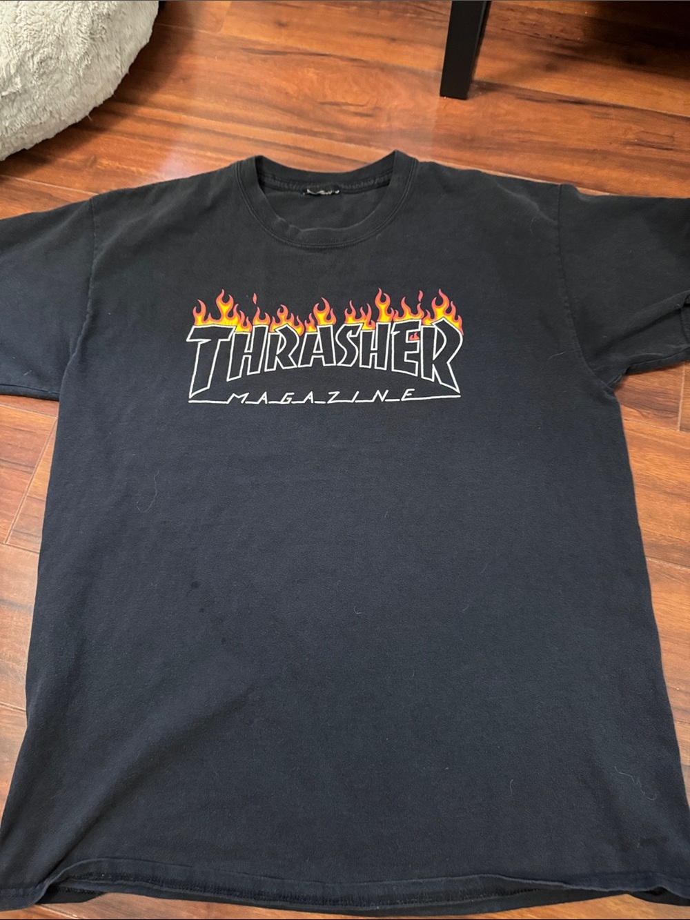 Thrasher Black Tee with Red and vintage Yellow Flame Logo
